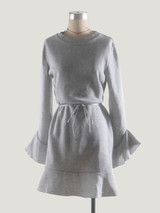 New Grey Ruffle Sashes Round Neck Long Sleeve Fashion Mini Dress