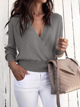 New Grey Long Sleeve V-neck Casual Sweet Going out Pullover Sweater
