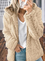 New Khaki Pockets Zipper Teddy Fuzzy Long Sleeve Hooded Casual Outerwear