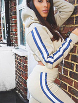 New Apricot Striped Print Drawstring Long Sleeve High Waisted Casual Long Jumpsuit