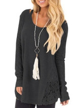 New Black Patchwork Lace Round Neck Long Sleeve Pullover Sweater