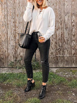 New White Drawstring Asymmetric Shoulder Long Sleeve Casual Pullover Sweater
