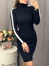 New Black Patchwork High Neck Long Sleeve Fashion Mini Dress