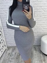 New Grey Patchwork High Neck Long Sleeve Fashion Mini Dress