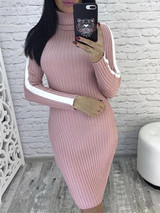 New Pink Patchwork High Neck Long Sleeve Fashion Mini Dress