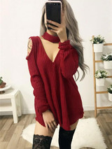 New Red Cut Out V-neck Long Sleeve Casual Mini Dress