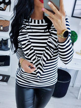 New Black Striped Print Ruffle Long Sleeve Fashion T-Shirt