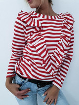 New Red Striped Print Ruffle Long Sleeve Fashion T-Shirt