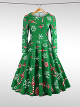New Green Floral Draped Print Round Neck Long Sleeve Fashion Midi Dress