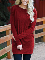 New Burgundy Irregular Loose Comfy Long Sleeve Round Neck Casual Fashion Mini Sweater Dress