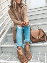 New Khaki Irregular Pockets Draped Collar Knit Casual Cardigan Coat