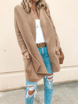 New Khaki Irregular Pockets Draped Collar Knit Casual Cardigan Coat