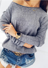 New Grey Patchwork Rhinestone Asymmetric Shoulder Long Sleeve Fashion T-Shirt