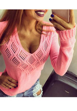 New Pink Cut Out V-neck Long Sleeve Knitwear Pullover Sweater