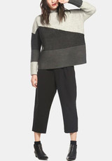 New Grey Color Block Print Long Sleeve Knitwear Pullover Sweater