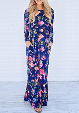 New Blue Floral Draped Pockets Round Neck Long Sleeve Casual Maxi Dress