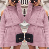 New Pink Cut Out High Neck Long Sleeve Fashion Mini Dress