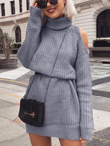 New Grey Cut Out High Neck Long Sleeve Fashion Mini Dress