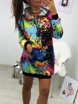 New Black Floral Drawstring Pockets Fashion Hooded Sweatshirt