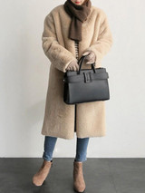 New Apricot Faux Fur Pockets V-neck Long Sleeve Fashion Outerwear