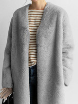 New Grey Faux Fur Pockets V-neck Long Sleeve Fashion Outerwear