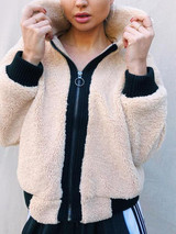New Apricot Fur Zipper Turndown Collar Long Sleeve Fashion Coat