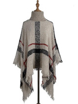 New White Plaid Print Irregular Tassel High Neck Cape Pullover Sweater