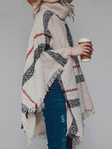 New White Plaid Print Irregular Tassel High Neck Cape Pullover Sweater