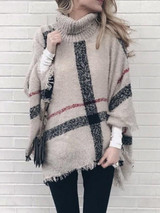 New White Plaid Print Irregular Tassel High Neck Cape Pullover Sweater