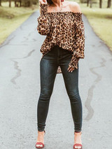 New Brown Leopard Print Pleated Wavy Edge Off Shoulder Backless Long Sleeve Fashion Vintage Casual Blouse