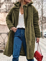 New Army Green Pockets Buttons Turndown Collar Long Sleeve Teddy Coat