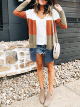New Orange Color Block Pockets No Buttons Draped Long Sleeve Casual Cardigan Sweater