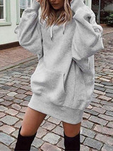 New Grey Drawstring Pockets Hooded Long Sleeve Casual Sweatshirt