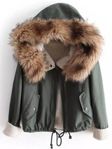 New Army Green Patchwork Pockets Drawstring Zipper Faux Fur Hooded Coat