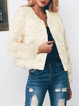 New Beige Faux Fur Round Neck Long Sleeve Casual Oversize Coat