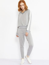 Casual V Neck Contrast Trim Sweatshirt And Slit Pocket Plain Slim-leg Pant