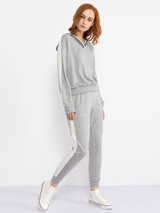 Casual V Neck Contrast Trim Sweatshirt And Slit Pocket Plain Slim-leg Pant