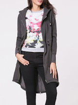 Casual Hooded Plain Drawstring Asymmetric Hem Zip Coat