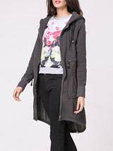 Casual Hooded Plain Drawstring Asymmetric Hem Zip Coat