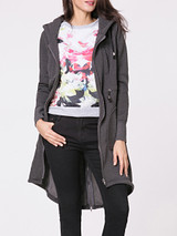 Casual Hooded Plain Drawstring Asymmetric Hem Zip Coat