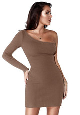 Khaki Asymmetric Shoulder Draped Irregular Long Sleeve Mini Dress