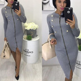 Grey Zipper Studded Cut Out Long Sleeve Fashion Midi Dress