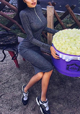 Grey Zipper Band Collar Long Sleeve Fashion Midi Dress