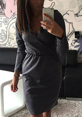 Grey Ruffle Zipper V-neck Long Sleeve Casual Mini Dress