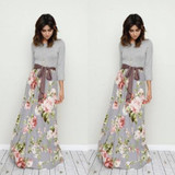 Grey Patchwork Floral Print Belt Long Sleeve Fashion Maxi Dress