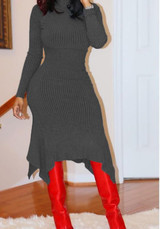 Grey Irregular Striped Round Neck Long Sleeve Bodycon Midi Dress