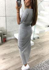 Grey Irregular Round Neck High-Low Long Sleeve Casual Maxi Dress