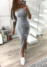 Grey Irregular Round Neck High-Low Long Sleeve Casual Maxi Dress