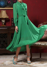 Green Draped Long Sleeve Fashion Loose Midi Dress