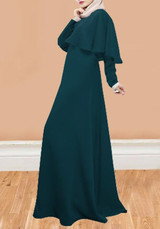 Green Draped Cape Round Neck Long Sleeve Muslim Maxi Dress